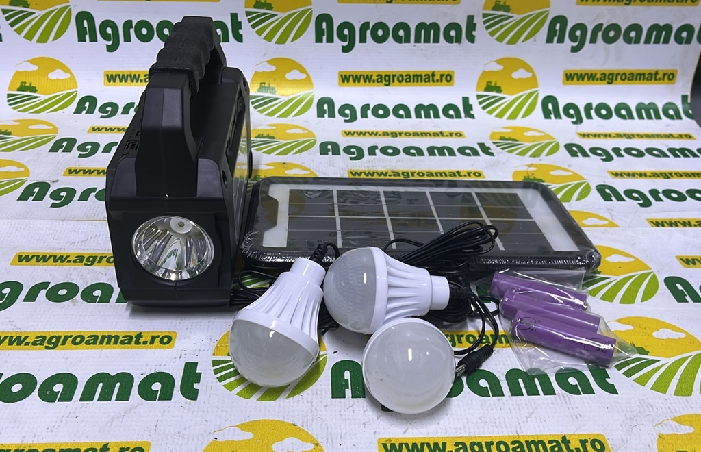 Kit Iluminat Portalbil LED cu 3 Becuri , Panou Solar Radio FM