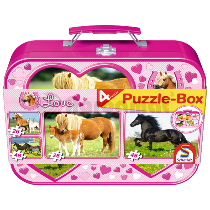 Cutie pentru puzzle-in cutie metalica, cai, 2 x 26, 2 x 48 piese