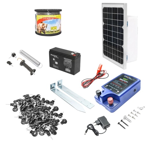 [AMAT1-44944] Kit complet gard electric 12/220V, 2 Joule cu panou solar 20W, lungime sarma 1000m, 100 izolatori, kit poarta si baterie 12V/17Ah